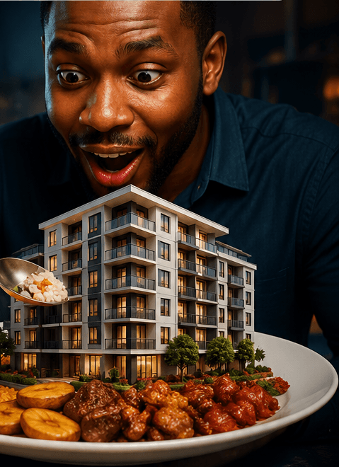 Shocked man feeding a tiny apartment building rice and stew off a plate — because if you don't plan, your rent chops your money like this